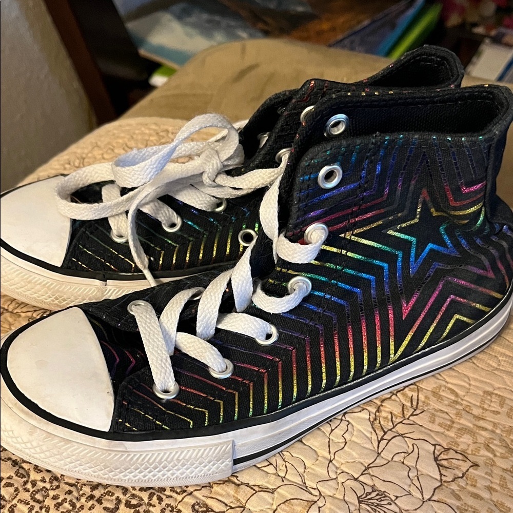 Converse Chuck Taylor All Star High Top Black Rainbow Star Sneakers Size 1